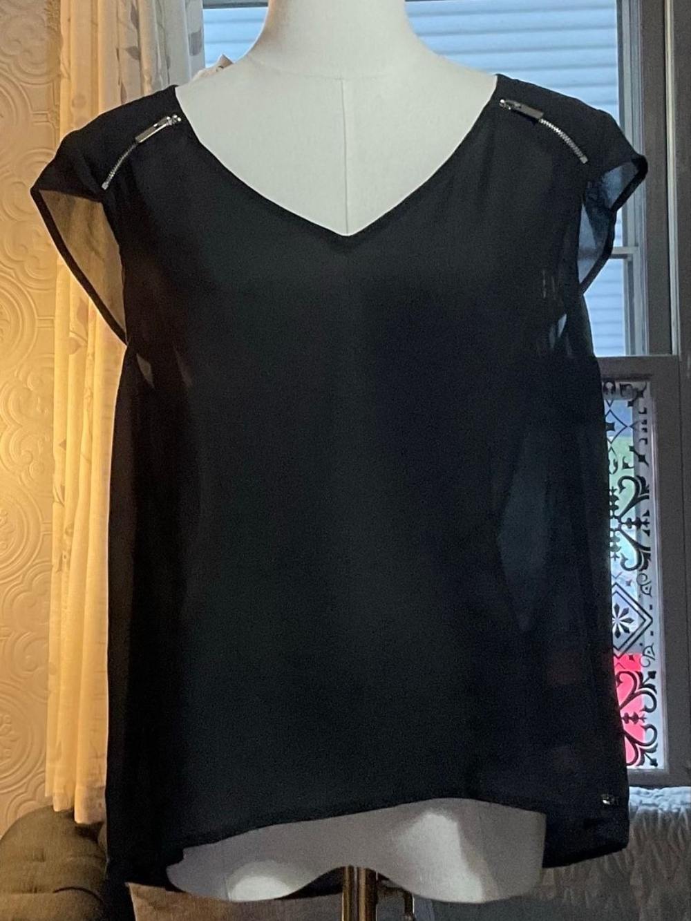 GUESS Black V-Neck Sheer Chiffon Camisole with Shoulder Zips